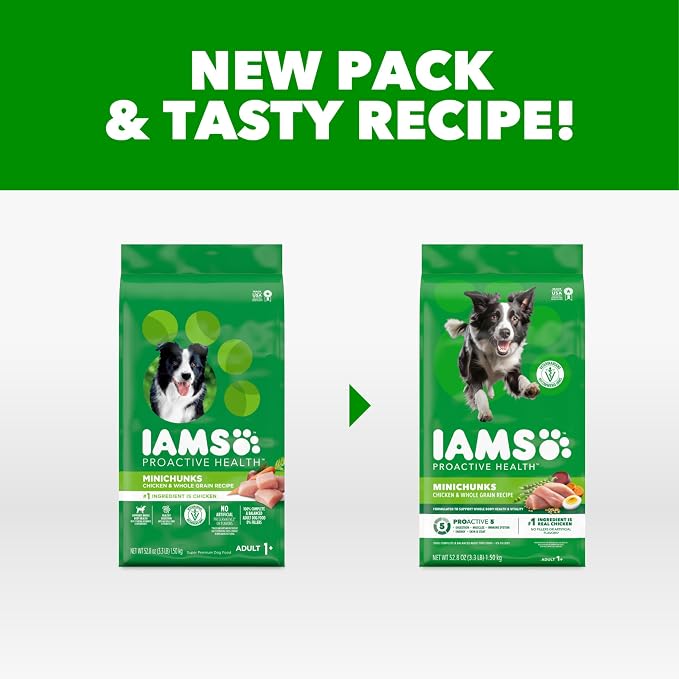 IAMS Proactive Health Adult Minichunks Dry Dog Food, Chicken, 3.3 lb | Real chicken #1 ingredient, no fillers, natural fiber & prebiotics, Omega-6 fatty acids, antioxidants for immune support