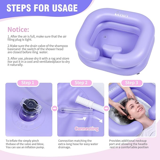 Inflatable Shampoo Basin - Portable Shampoo Bowl, Hair Washing Basin for Bedridden, Disabled,Injured, Hair Wash Tub for Dreadlocks and at Home Sink Washing (Light purple)
