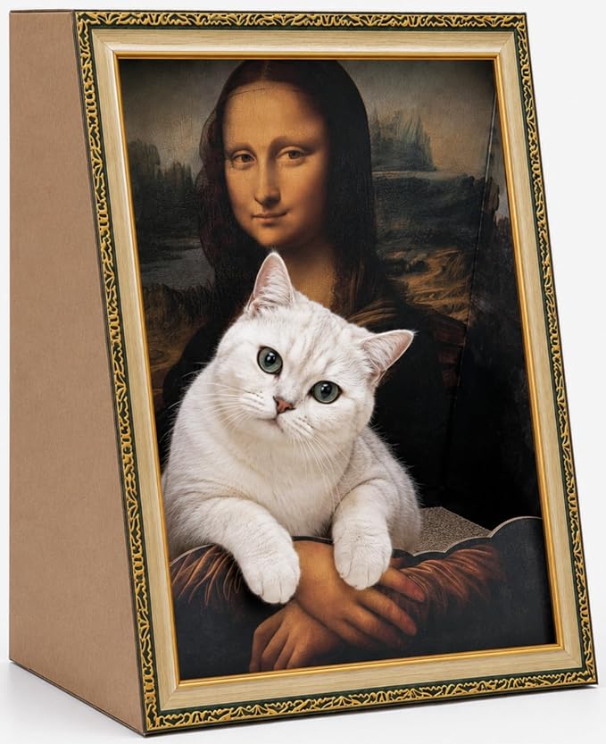 Mona Lisa Cat Bed 3-in-1 Cardboard Cat House with Scratching Pad & Cozy Hideout, Artistic Cat Furniture for Indoor Cats, Decorative Cat Condo for Home Décor Easy Setup, Novelty Gift for Cat Lovers