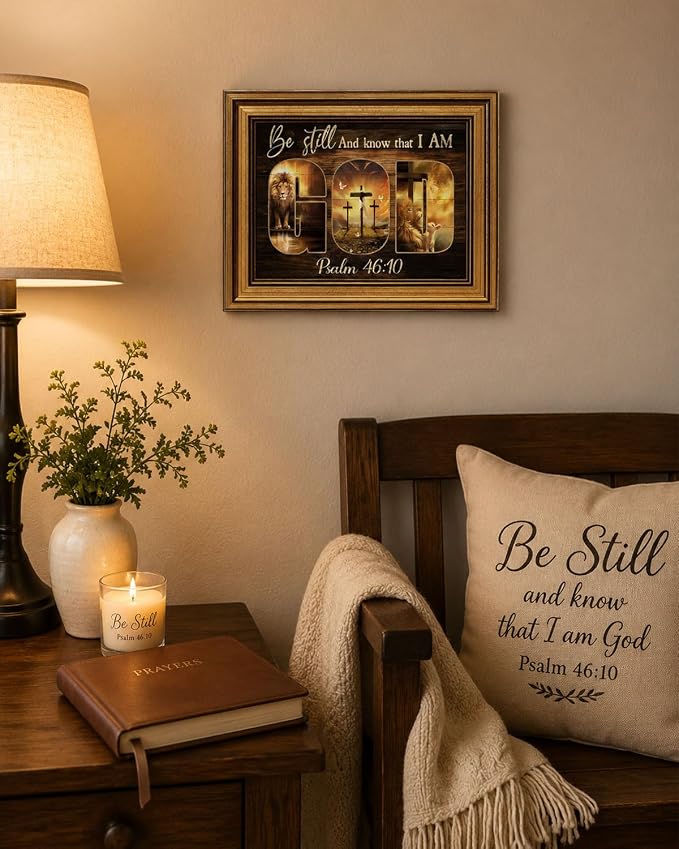 Gold Framed Wall Art, Christian God Canvas Prints, Lion and Lamb Cross Picture Wall Decor, Religious Bible Verse Artwork for Living Room Bedroom 12x16 inch