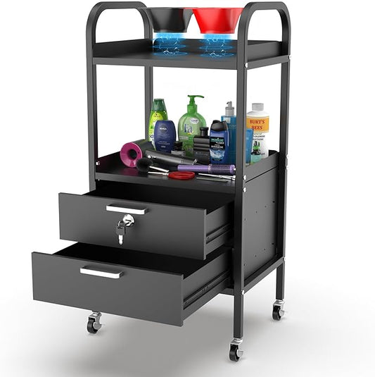 TASALON Metal Salon Trolley Cart with Wheels & Lockable Drawers – 4-Tier Hair Stylist Rolling Tray Cart, Barber & Esthetician Station Organizer, Beauty Salon Equipment & Spa Storage Cabinet