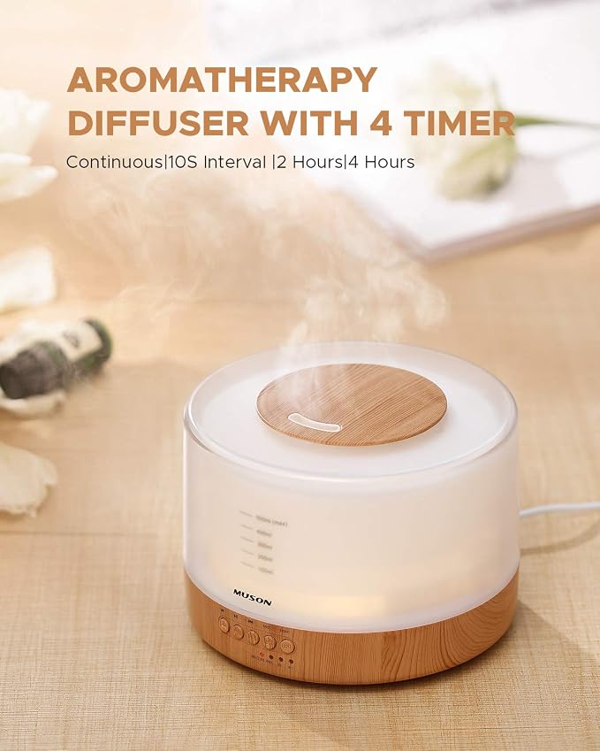 muson Essential Oil Diffuser Sound Machine Combo Diffuser for Aromatherapy Fragrant Oil Cool Mist Humidifier with Natural Sound Music & Warm Night Light, Auto Shutoff, White
