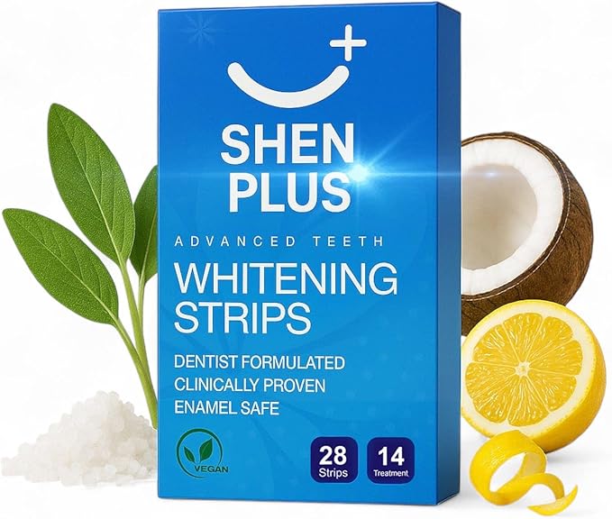 Shen Plus Teeth Whitening Strips – Enamel-Safe, Non-Slip Dry – 14 Treatments – Helps Remove Deep Stain with Coconut, Sage Oil, Dead Sea Salt & Lemon Peel Oil – 28 Strips
