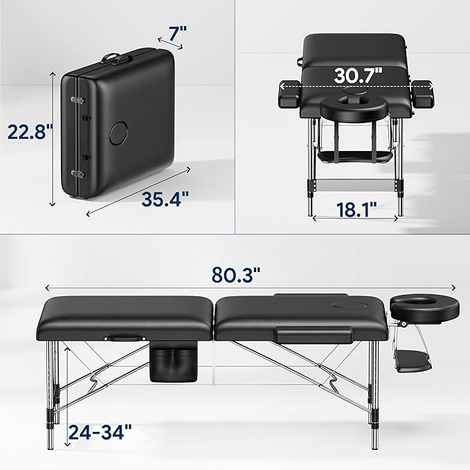 Brelley Massage Table Portable, 2-Fold Lash Bed with Side Pocket, Adjustable Height, Sturdy Aluminum Frame, Esthetician Spa Facial Tattoo Bed with Face Cradle & Carrying Bag, Black