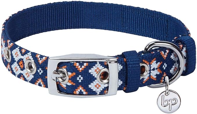 Blueberry Pet Southwestern Modern Tribal Print Navy Braided Adjustable Dog Collar with Metal Buckle, Neck 9-12.5", for Small Breed