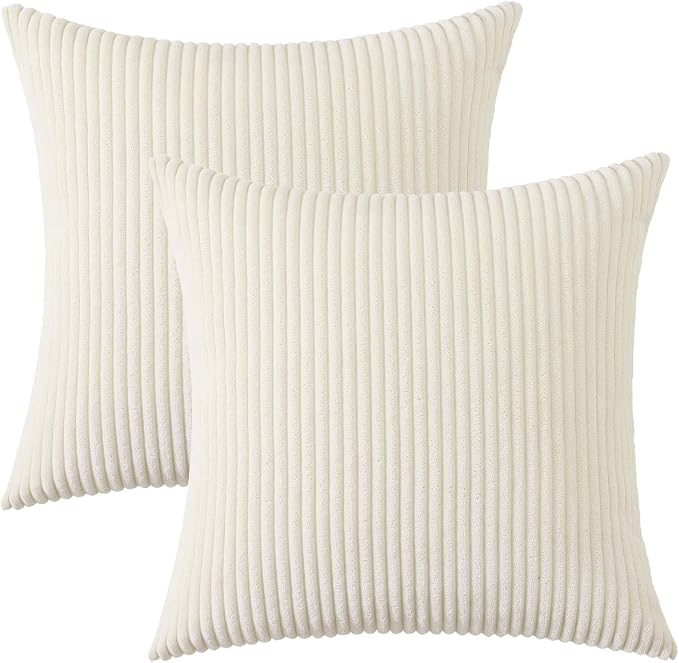 Mecatny Corduroy Fall Throw Pillow Covers 22x22 Set of 2 Cream White | Soft Striped Texture, Hidden Zipper Design, Neutral Boho Square Pillow Cases for Sofa Couch Living Room Bedroom, Home Décor