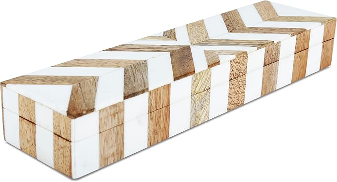 Handicrafts Home White Decorative Storage Box with Lid Wood Entryway Organizer Key Holder Box Console Table Storage for Hallway – Resin Inlay Marquet Chevron Collection - 10x2.5x1.5