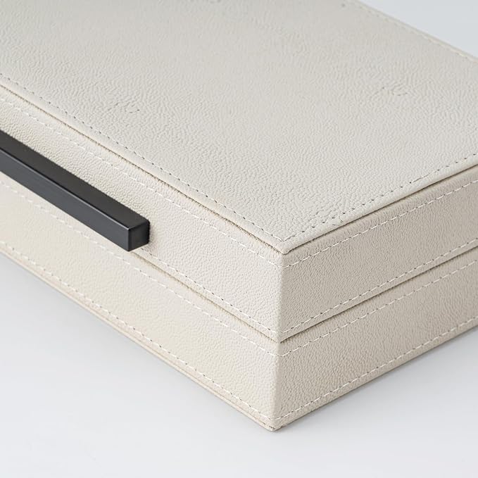XIGEXIGE Set of 2 Beige Shagreen Decorative Storage Boxes with Black Metal Handles –Faux Leather Large Modern Stackable Nesting Jewelry Box with Lids Organizer