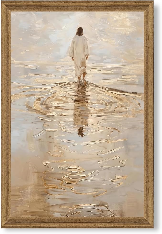 Fantasy Artists Christian Wall Art – Jesus Walking on Water Inspirational Painting, Warm Gold Faith Artwork for Home & Prayer Room, Religious Decor Symbolizing Hope, Trust & Divine Strength, 20W X 30H