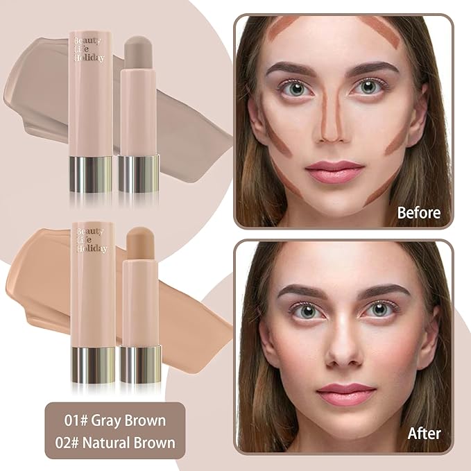 2 PCS Warm and Cool Toned Contour Stick, Natural Matte Cream Contour Stick, Lightweight and Smooth Cream Bronzer Stick for Face Shaping Contouring Makeup, 01+02