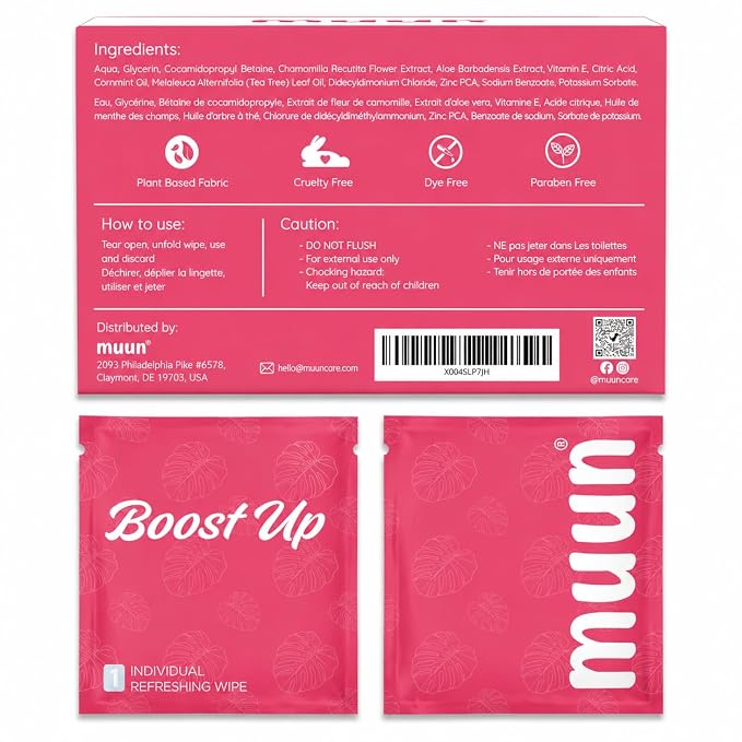 Muun Deodorant Body Wipes for Odor, 20 Count 18x20 cm Aluminum-Free Individual Wrapped Travel-Friendly Hygiene Personal Cleansing Wet Wipes for Intimate, Butt, Body