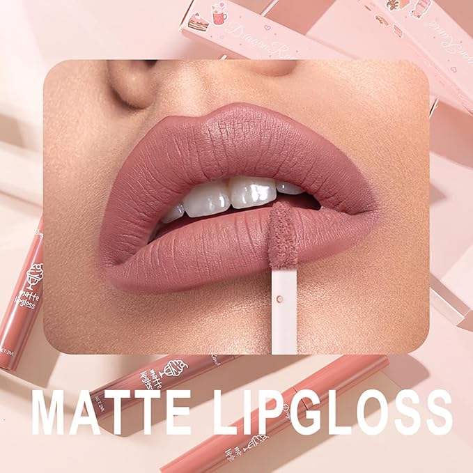 3Pcs Nude Matte Lipstick Set, Ice Cream Velvet Smooth Matte Lip Gloss, 24 Hour Natural Long Lasting & Nourishing Lip Glaze Non-stick Cup for Women Makeup (Set A)