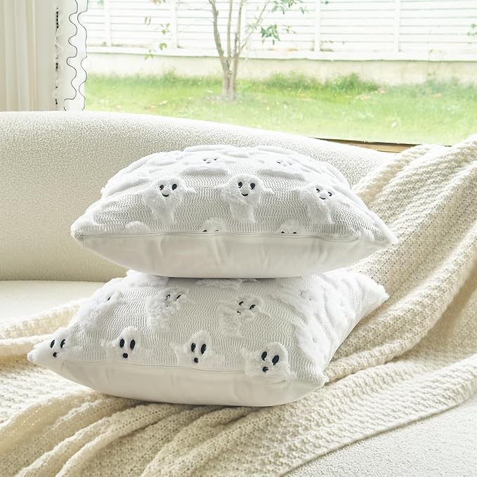 Pack of 2 Best Gift Happy Halloween White Ghost Decorative Throw Pillow Cover Cushion Case for Bed Couch Sofa Farmhouse 18''X18'inches (Ghost)