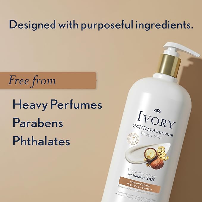 Ivory Hand & Body Lotion, 24hr Moisturizing, Repairs Extra Dry Skin, All Day Hydration, Lightweight Formula, Absorbs Instantly, Perfect for Daily Use, Shea Butter Blend, Oatmilk Scent, 18 fl oz