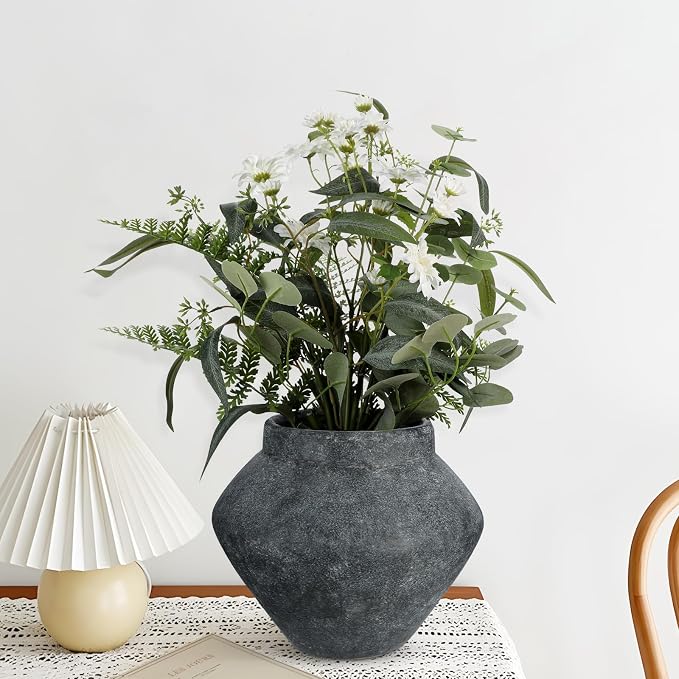 Briful Large Rustic Ceramic Vase with Distressed Finish, 8.2'' Tall Wide-Belly Decorative Flower Vases with Felt Pads, Retro Style Pottery for Home Decor, Table Centerpiece, Black