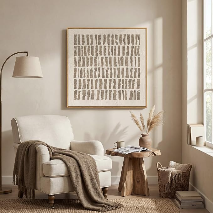 Framed Neutral Abstract Wall Art, Modern Beige Canvas Prints Artwork for Walls, Minimalist Geometric Line Square Pictures for Living Room Bedroom Dining Room Hallway Office Wall Decor, 30x30 In