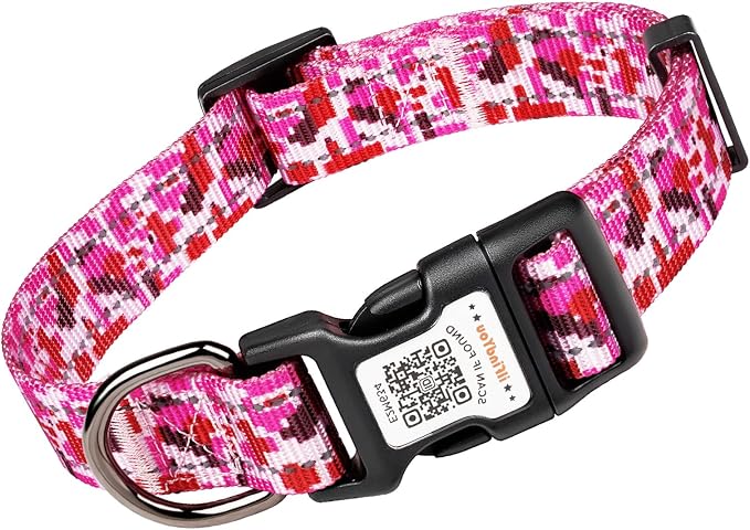 Personalized Dog Collar with QR Code Dog Tag, Camo Rose Red S | Anti-lost, 1000D nylon, reflective, padded, XS-L(8"-24"), QR buckle shares lost pet profile, location alerts when scanned