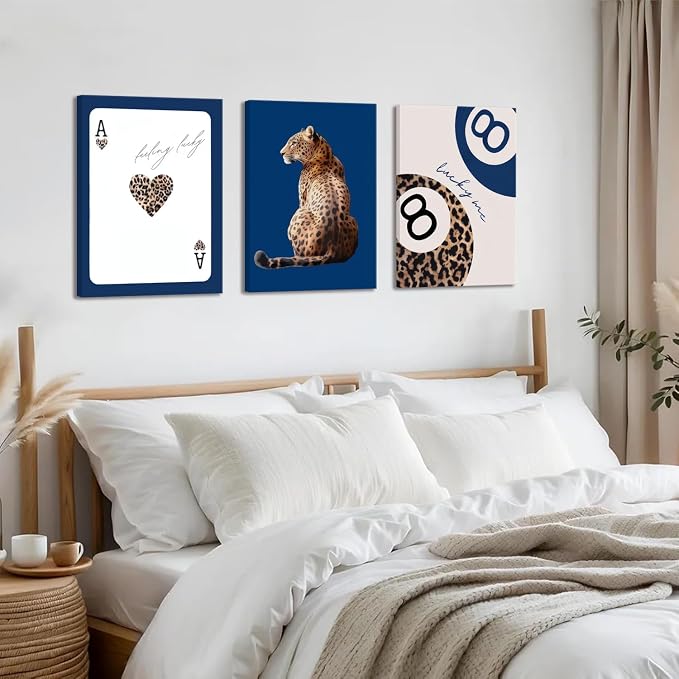 Navy Blue Leopard Canvas Wall Art Set of 3 Cheetah Animal Prints Posters Wall decor Trendy 8 Ball Lucky Me Pictures Aesthetics Artwork for Dormitory Apartment Bedroom Decoration 16x24 Inch Framed