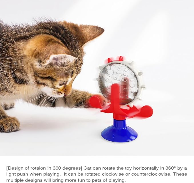 Interactive Cat Slow Feeder, Rotating Durable Dog Puzzle Toy, Mental Stimulation Treat Dispenser with Powerful Suction Cups for Cats and Dogs (Red Blue)
