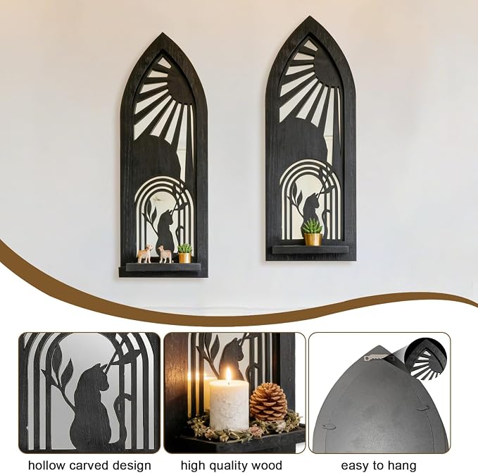 ZEXUIRU 2 Set Rustic Candle Sconces Living Room Bedroom Entryway Wood Mirrored, Farmhouse, Carved Frame Wall-Mount Wooden Candle Holders Wall Decor Hanging Handmade Holder - Black