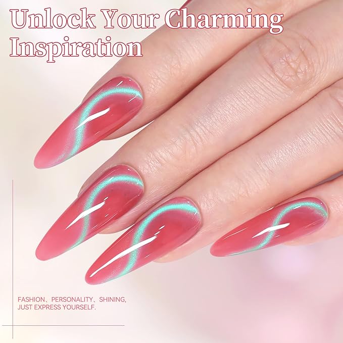 Born Pretty Spring Summer Cat Magnetic Eye Gel Polish,2026 Fruit Pink Green Holographic Glitter Shimmer Translucent Sheer Magnetic Gel Polish Salon DIY at Home