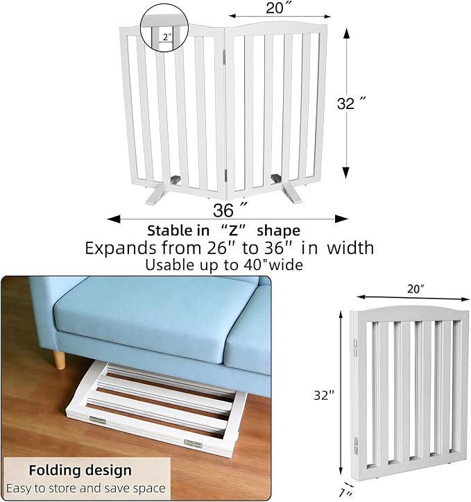 ZJSF Foldable Freestanding Indoor Dog Gate for House Wood White Long Pet Gates Dog Fence for Stairs Puppy Gates for Hallways,Pet Fence, Puppy Gate,Support Feet Included 32 "Height-2 Panels