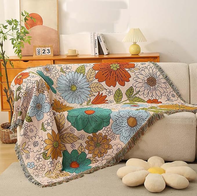 Homesy Aztec Throw Blanket Flower Native Southwestern Bed Blankets 51"x63" | Southwest Decor,Boho Style,Sofa Chair Cover,Outdoor Beach Car Tent Travel Camping Use,Tapestry,Reversible and Tassels
