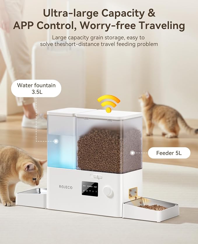 2-in-1 Automatic Cat Feeder & Water Dispenser,WiFi Control Feeding | 2.4G WiFi APP/Timed Feeding/5L Food Feeder,3.5L Water Fountain/Stainless Steel Bowls/Detachable Clean/White