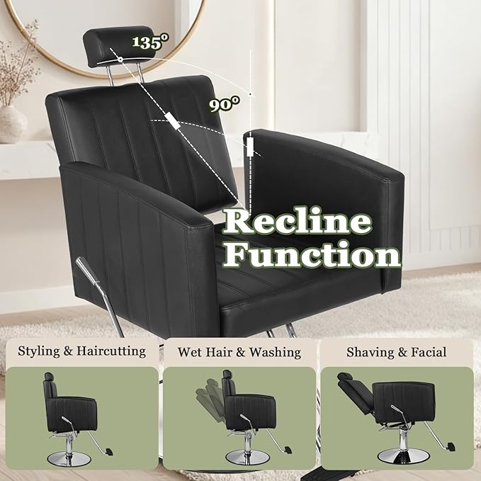 Black Salon Chair for Hair Stylist, Heavy Duty Hydraulic Barber Salon Chair with Vertical Stitch Design, 360° Swivel, Adjustable Height, Ergonomic Reclining Stylist Chairs for Beauty Salon