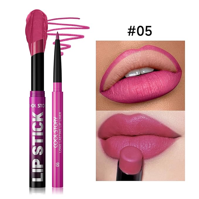 2 Piece Lip Liner and Lipstick Set, Long Lasting Formula, Professional Makeup Kit (05)