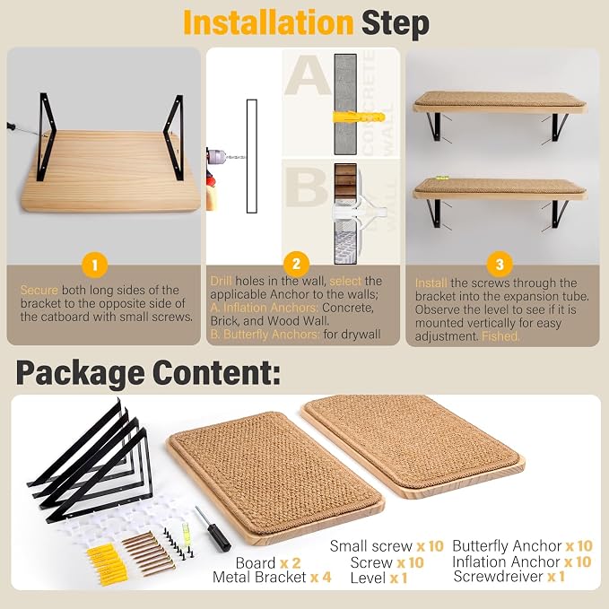 2Pack Wooden Cat Wall Shelves with Sisal Mat,16x9.8 Inch Cat Wall Step and Bed for Sleeping,Scratching and Playing.