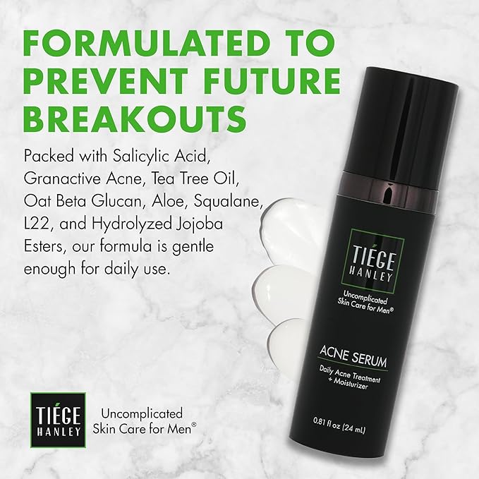 Tiege Hanley Acne Serum for Men, Facial Serum with Salicylic Acid, Granactive Complex & Tea Tree Oil for Blackheads, Visible Pores & Uneven Tone, Moisturizer for Oily Skin, Men’s Skin Care, 0.8 fl oz