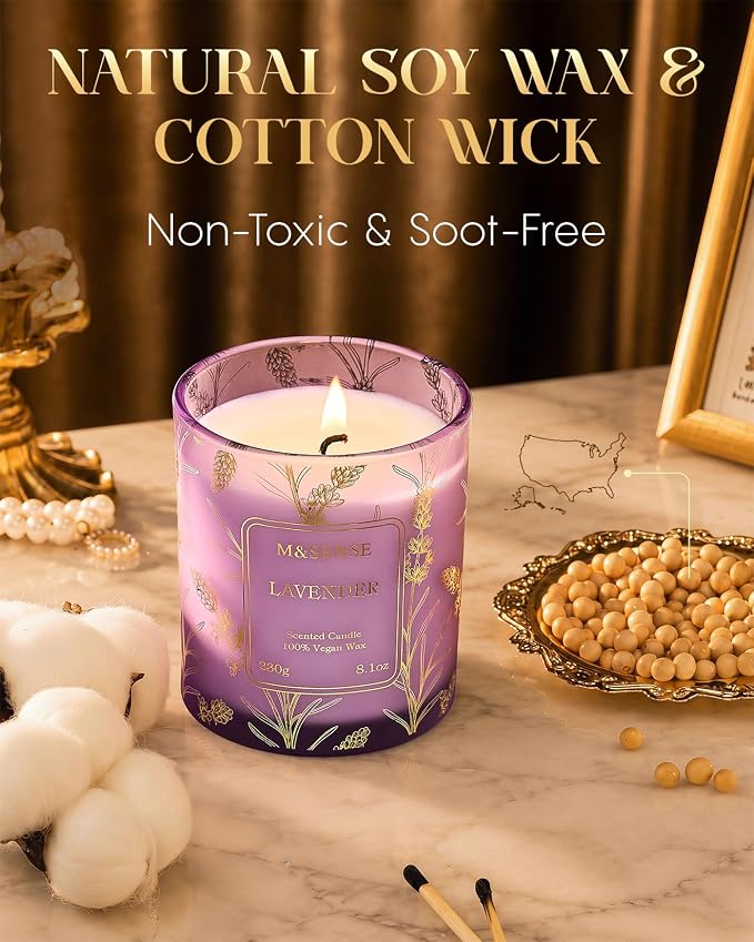 M&SENSE Lavender Soy Candle, 8.1oz Gilded Glass, Sleep Calming Spa Gift | 42H Long Lasting, Non-Toxic, Aromatheraphy Home Fragrance, Warmer Lamp Compatible, Reusable Spa Jar