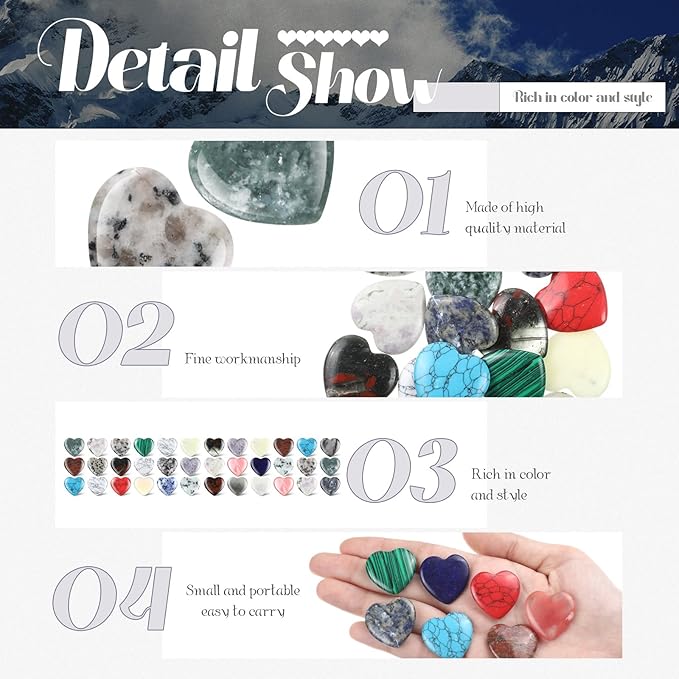 Nuenen 40 Pcs 1 Inch Heart Shaped Crystal Valentines Gift Worry Stone Bulk Heart Rock Tiny Trinkets Healing Crystal Gemstone Palm Pocket Love Carved Rock for Mom Women Meditation