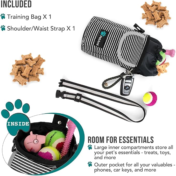 PetAmi Dog Treat Pouch, Large Hands-Free Training Bag, Stripe Black