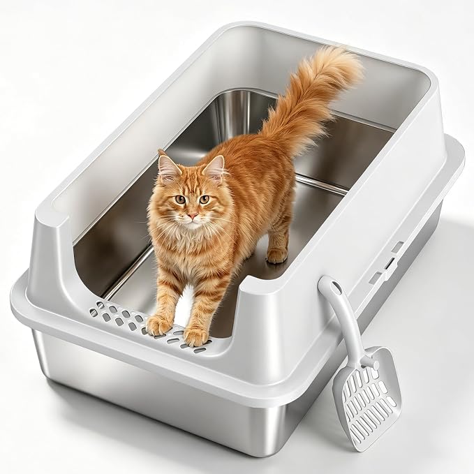 XL Open Top Stainless Steel Litter Box with High Sides, Gray | Extra Large Metal Cat Litter Pan , XL Litter Box, Non-Stick Easy Clean Anti-Leak Kitty Litter Pan, Odor Control, Open Top
