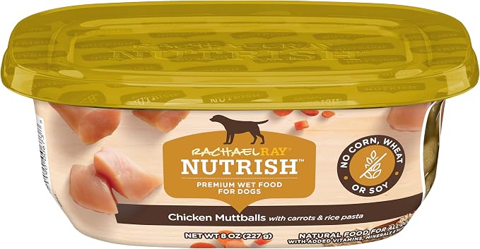 Nutrish Chicken Muttballs Wet Dog Food, 8 oz. Tub, 8 Pack (Rachael Ray) | Made with Carrots & Rice Pasta, No Artificial Flavors, No Added Corn, Wheat or Soy Ingredients & No Poultry By-Product Meal