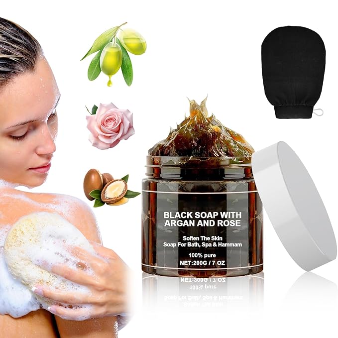 Morocco Black Soap with Argan and Rose, Morocco Black Beldi Bar Exfoliating Soaps, Moroccan Black Soap Hammam, Moroccos Body Scrub with Exfoliating Glove