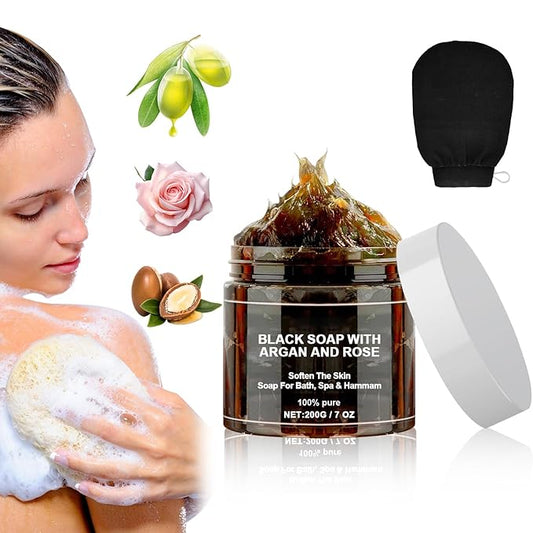 Morocco Black Soap with Argan and Rose, Morocco Black Beldi Bar Exfoliating Soaps, Moroccan Black Soap Hammam, Moroccos Body Scrub with Exfoliating Glove