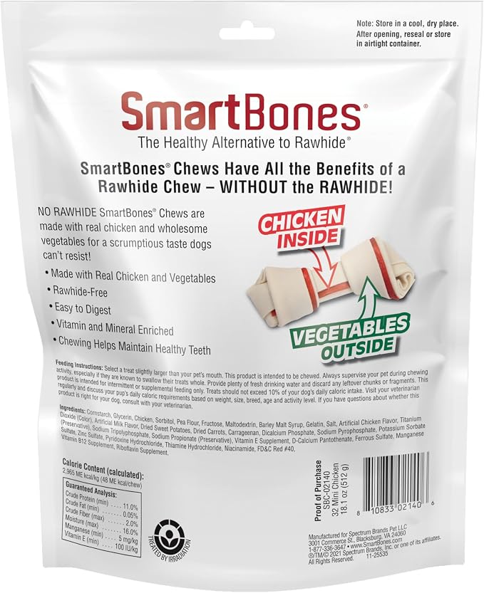 SmartBones Mini Bones Rawhide-Free Dog Treat, with Real Chicken, 32 Count | With With Real Chicken & Veggies, Easy To Digest Chew, Vitamin & Mineral Enriched, Supports Dental Health, For Small Dogs