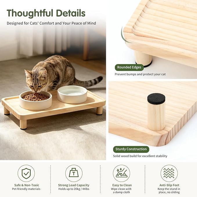 Cat Food Stand, Elevated Cat Feeding Station for Bowls & Feeders | Raised Rim Bowl Support, For Automatic Feeders & Bowls, Non-Slip Feet, Tool-Free Assembly, 15.8 x 9.8 in Wood Platform