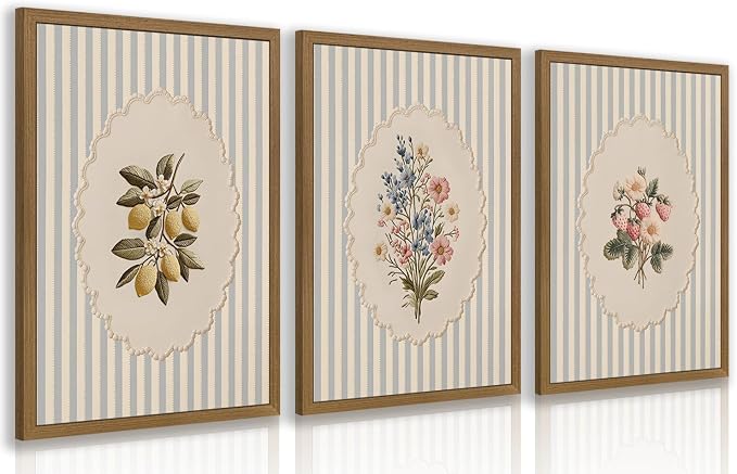 OPFDE Wood Framed Vintage Botanical Wall Art Set of 3, Embroidered Wildflower Lemon Strawberry Poster Prints, Blue Stripe Farmhouse Wall Decor, Cottagecore Floral Artwork for Kitchen 16x24 Inch