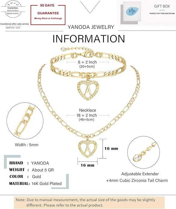 YANODA Gold Initial Pendant Necklace Anklet Bracelet for Women 14K Gold Plated Figaro Chain Letter Initial Heart Necklace Anklets Alphabet Foot Jewelry Personalized Jewelry for Women