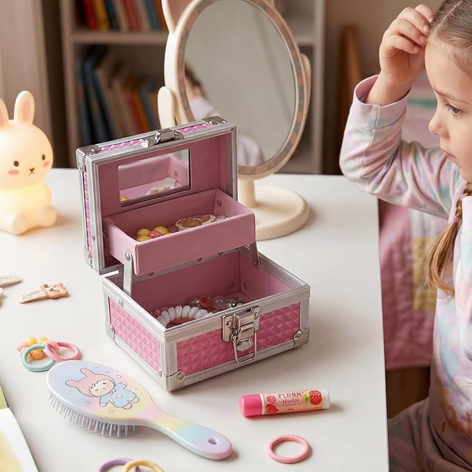 Hipiwe 2-Layer Decorative Jewelry Box Pink Hair Accessories Stotage Case | Metal Jewelry Trinket Organizer Box with Mirror and Drawer for Earrings Rings Necklace, 4.7" x 3.7" x 3.1"