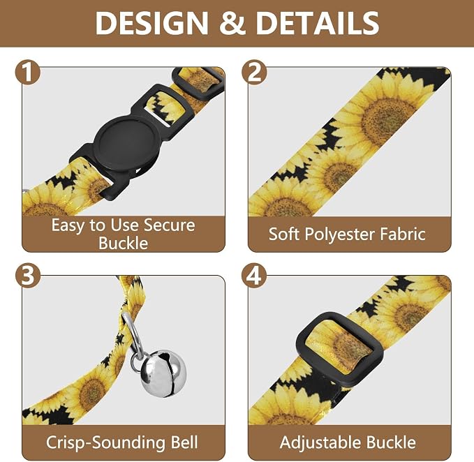 2 Pack Pet Collar Sunflower Black Brown Collar with Bell for Dog Puppy, Adjustable 10.6 to 17.1 Inches