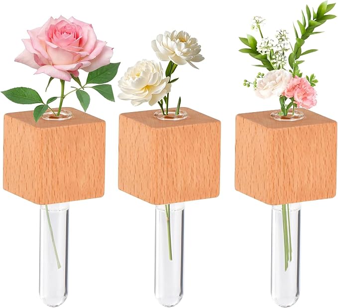 3 Pack Wooden Hydroponic Vase Fridge Magnets, Mini Glass Planter with Strong Magnet for Refrigerator Whiteboard Cabinet, Home Kitchen Decor for Succulents Cuttings Small Flowers
