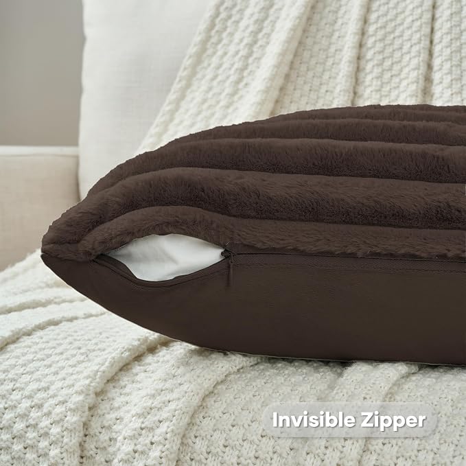FUTEI Pack of 2 Faux Fur Throw Pillow Covers 22x22 Inch, Dark Coffee | Fluffy Faux Rabbit Fur Front/Premium Velvet Back,Hidden Zipper,Machine Washable,Non-Shedding,Colorfast,Insert Not Included.
