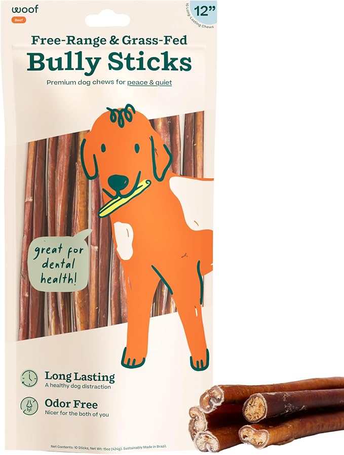 WOOF Bully Sticks Dog Chew Treats, 12 Inch, 10 Count | Free-range grass-fed beef, long-lasting chews, high protein, odor controlled, supports dental care