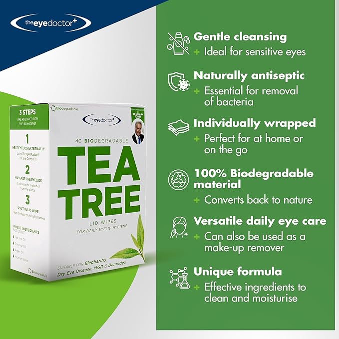 The Eye Doctor Tea Tree Oil Eyelid Wipes - 40 x Single Use Eye Cleaning Wipes for Daily Lid Care - Individual Preservative Free Sensitive Eye Cleaner - Soothes Cleans and Refreshes