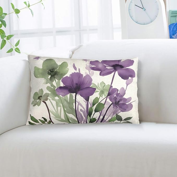 Spring Floral Pillow Covers 12x20 Inches Set of 2 Sage Green Purple Floral Throw Pillow Cover Outdoor Summer Flower Decoration Pillowcase Farmhouse Decorative Lumbar Cushion Cover For Home Sofa